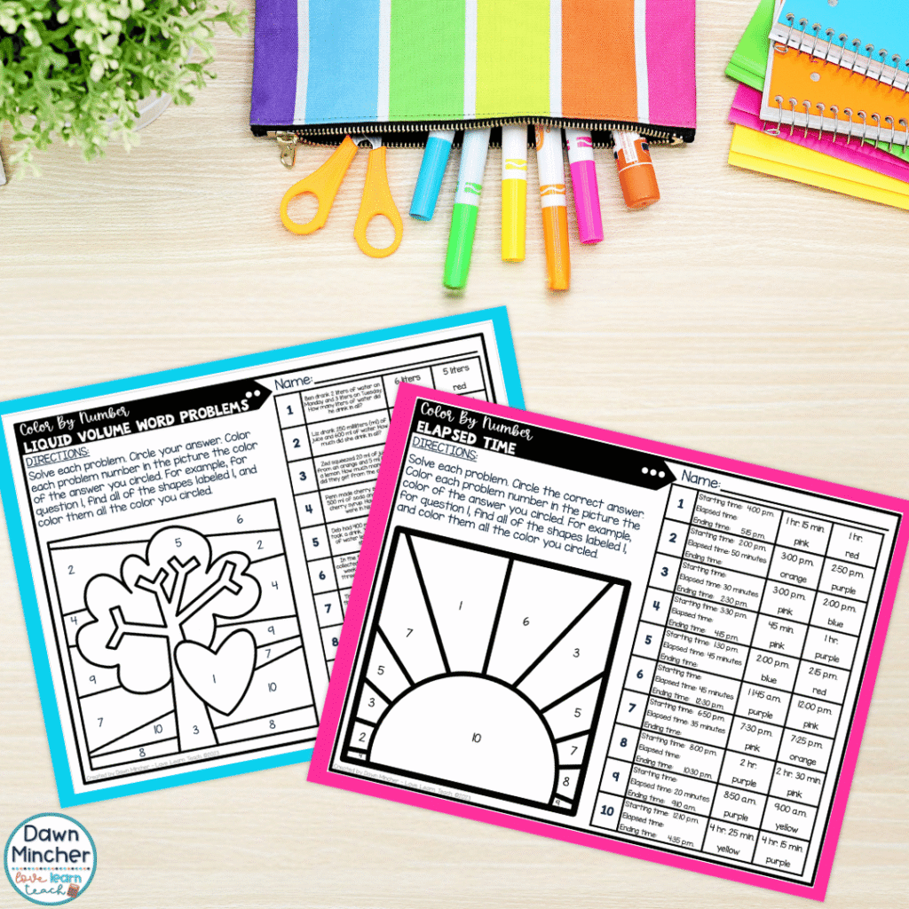 Using the color-by-code measurement activity includes skills like elapsed time, liquid volume, mass, and measurement conversions.