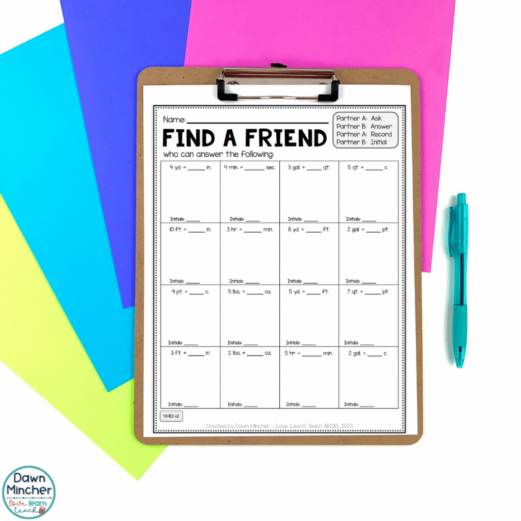 With the Find a Friend resource, students move around the room and rotate to solve different problems by finding a friend.