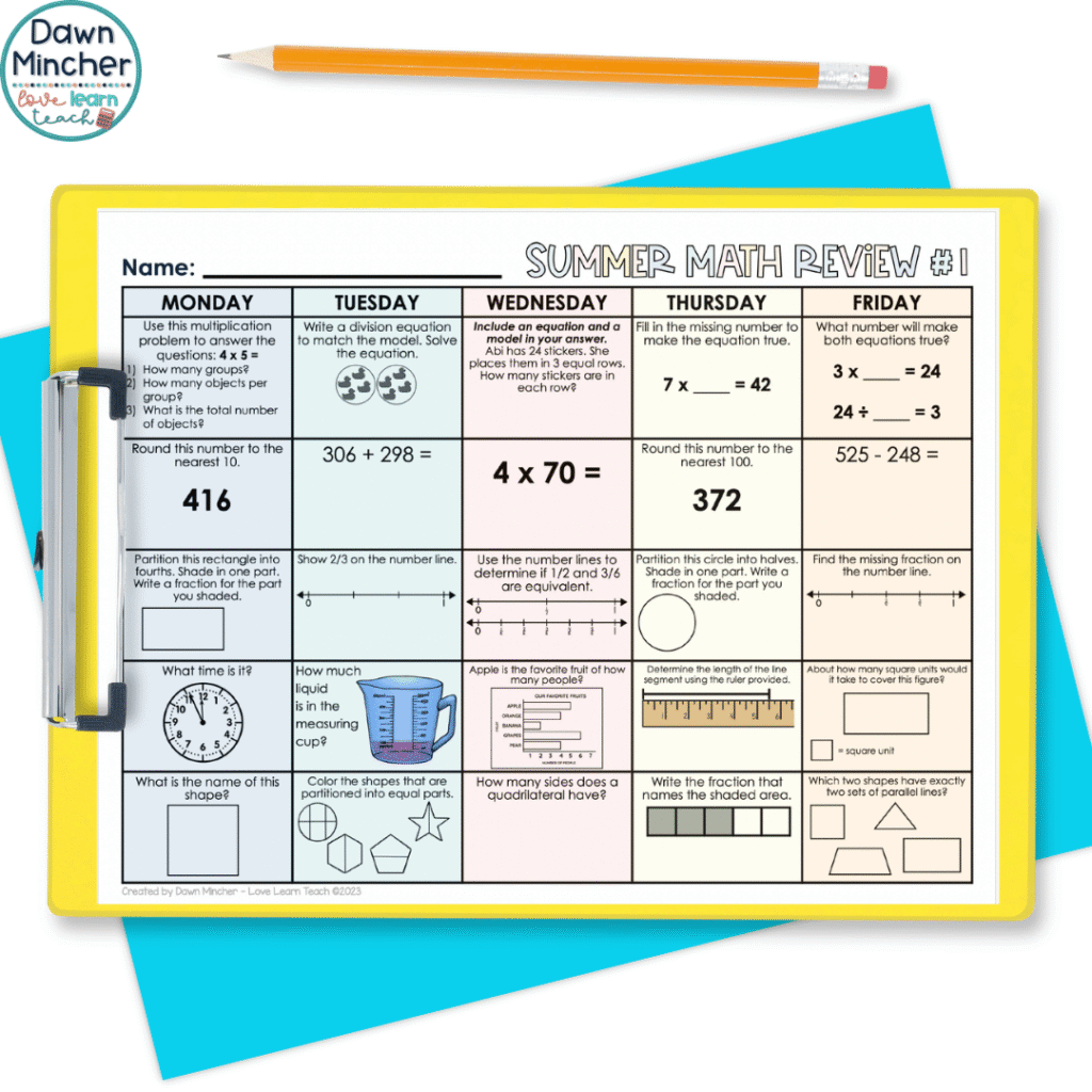 Summer review packets are simple with just five problems for your students to complete per day.