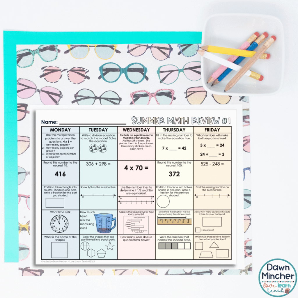These summer review activities are divided into five daily sections. Every day contains five review problems covering a variety of grade-level concepts.