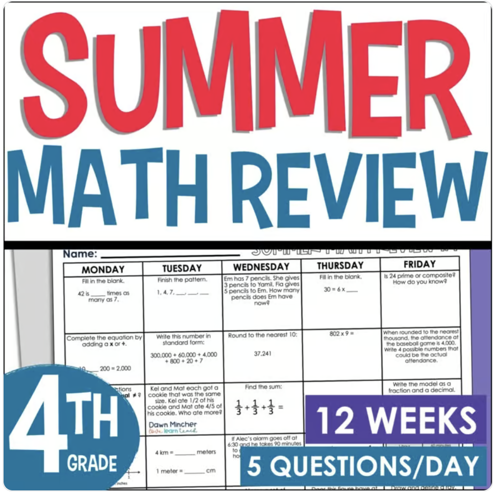 My 4th Grade Summer Math Review resource is designed for your students entering 5th grade. Your students will continue reviewing multi-digit computation, fractions, decimals, measurement conversions, area and perimeter, angles, coordinate grids, symmetry, and geometry concepts.