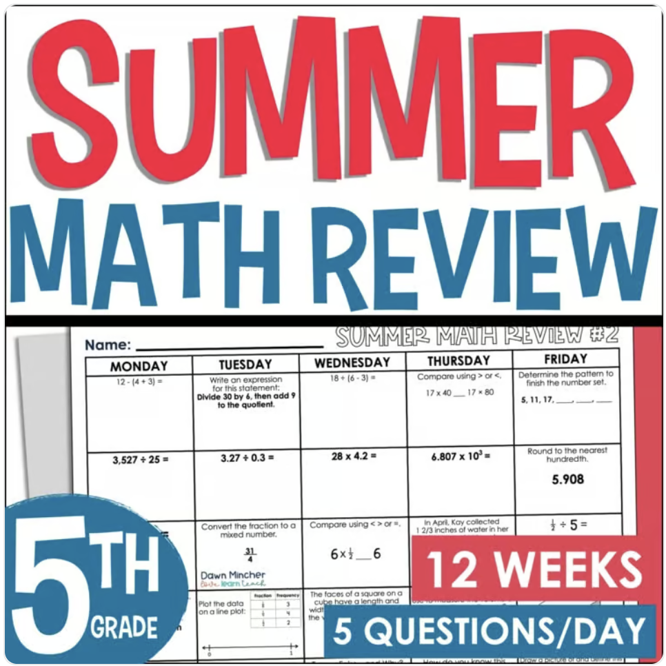 Your students entering 6th grade can use my 5th Grade Summer Math Review resource to keep important upper elementary math skills fresh. The review includes decimal operations, fractions, coordinate planes, volume, measurement conversions, numerical expressions, geometry, and problem-solving practice.