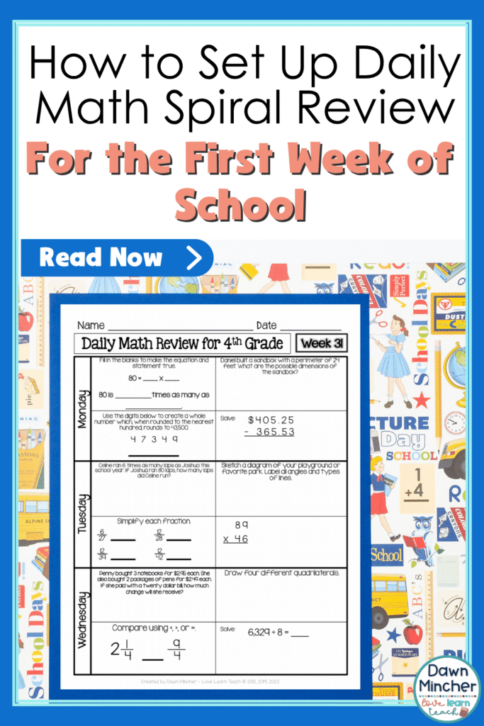 Getting classroom routines established during the first week can make the rest of the school year run so much more smoothly. Save this post to your favorite teaching or math Pinterest board so you'll have these math spiral review tips ready when you're planning lessons or helping another teacher build their math routine.