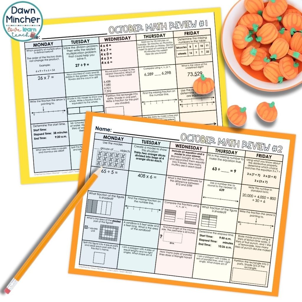 Morning work was one of my favorite places to add October math because the time is already built into your schedule. My October Math Spiral Review gives your students a short set of problems to work through each day.