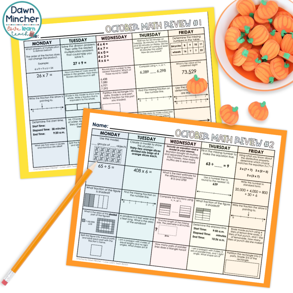 Morning work was one of my favorite places to add October math because the time is already built into your schedule. My October Math Spiral Review gives your students a short set of problems to work through each day.
