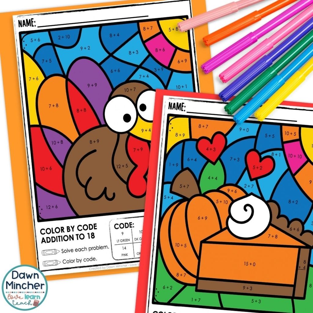 For your younger students, my Thanksgiving Addition and Subtraction Color by Number activities provide 15 activities covering addition, subtraction, and mixed review.