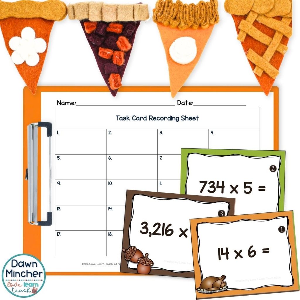 My Thanksgiving Multiplication Task Cards include 20 problems with four differentiated levels.
