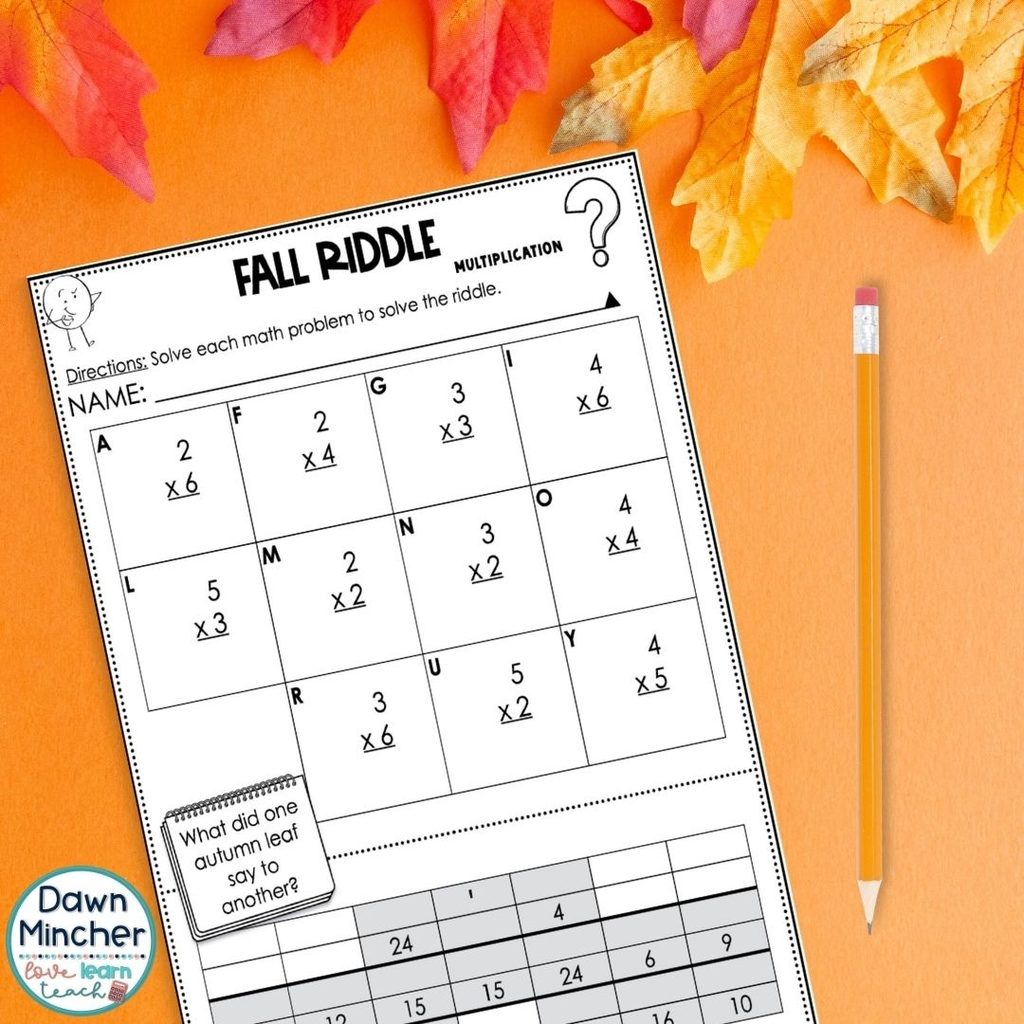 My Fall Multiplication Math Riddles include four riddles covering multiplication facts from 2 through 9, along with mixed practice.